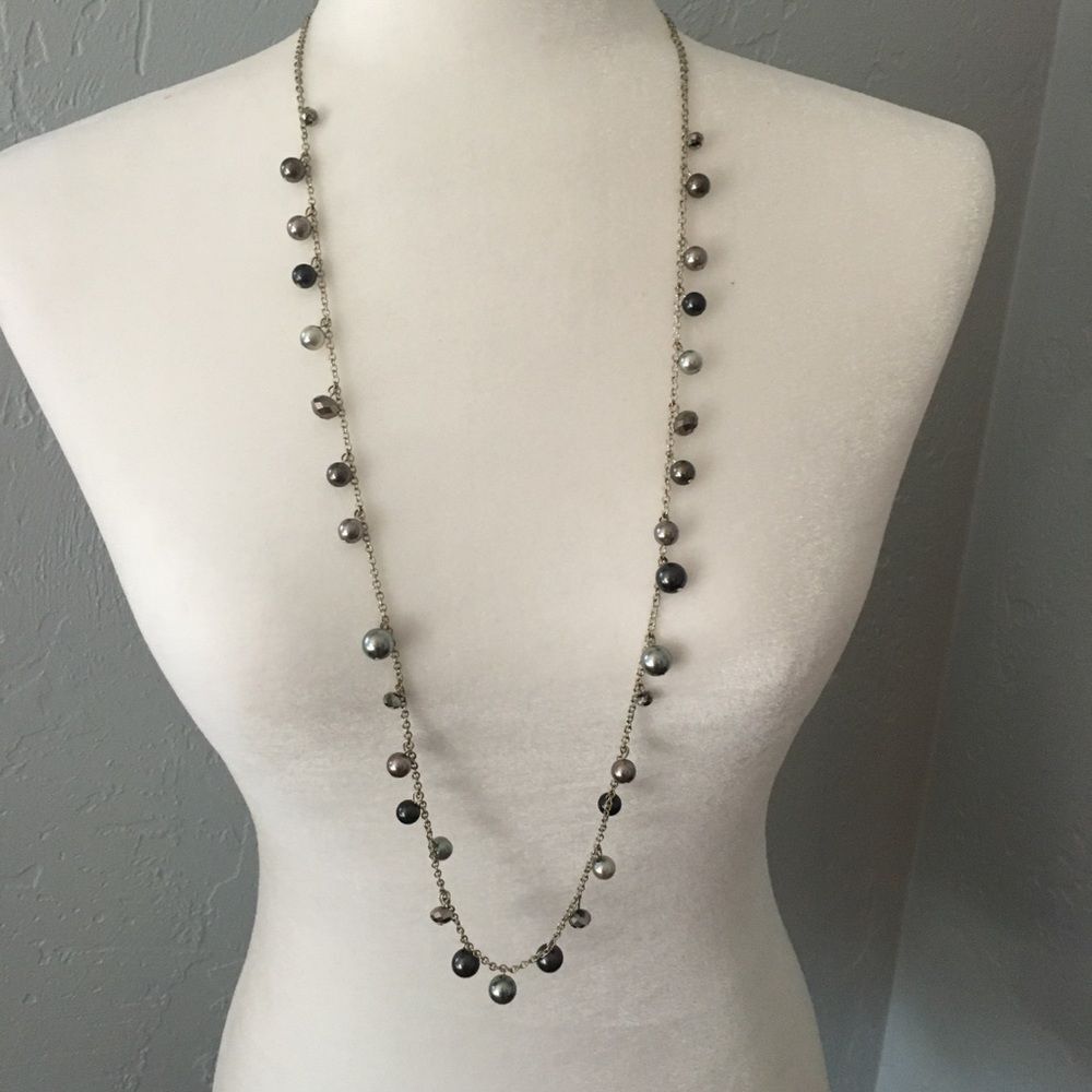 Necklace silver tone and grey long chain